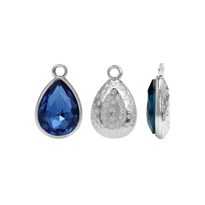 Blue teardrop crystal pendant with silver engraved metal backing for DIY jewelry
