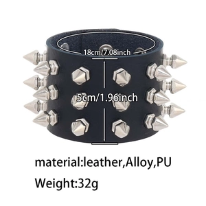 Black punk leather bracelet with spikes showing dimensions 18x5cm and material details