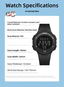 Detailed specs of the digital sport watch with TPU strap and stainless steel back cover