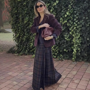 Top A Quadri E Gonna Maxi Donna Maniche Lunghe Casual Retro Streetwear Moda Poliestere Outfit Autunno Inverno Elegante