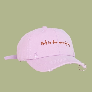 Detail of light purple distressed baseball cap with metal ring and Art is for everybody embroidery