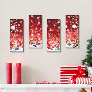 Set of 4 Christmas wooden wall signs with festive snowman and winter forest motifs