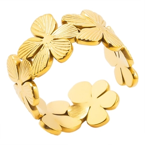 Gold stainless steel floral open ring featuring continuous four-petal flower patterns