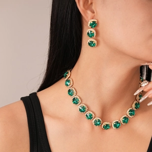 Luxury 2-piece green crystal necklace and earring set with gold plated diamond pave