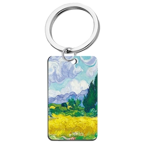 Vintage stainless steel square keychain with Van Gogh Wheat Field with Cypresses oil painting