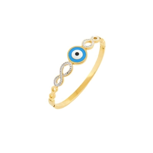 Golden infinity evil eye bangle bracelet with micro-paved rhinestones and blue enamel inlay
