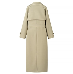 Detailed back view of a khaki wool coat showing shoulder tabs and storm flap design