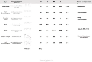 Tableau des tailles pour manteau matelassé femme en polyester avec mesures précises