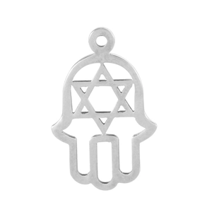 Detailed view of silver stainless steel Hamsa Hand pendant with cutout Star of David design