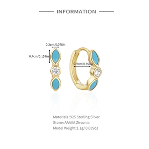 Detail showing S925 silver earrings dimensions with turquoise inlay and gold finish