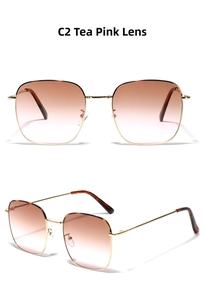 Detail of square gold metal frame sunglasses with tea pink gradient lenses and tortoise tips