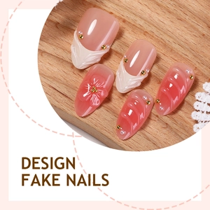 3D floral press-on nails with pink gradient, white pearls and almond shape design