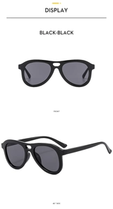 Front and side view of pilot sunglasses with glossy black frames and dark grey lenses
