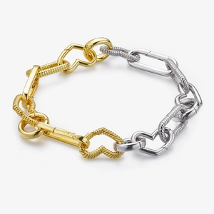 Two-tone S925 silver and gold bracelet with heart links and snake chain clasp