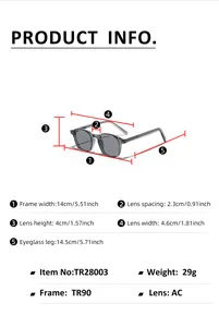 Detailed size chart for retro TR90 sunglasses showing frame and lens dimensions