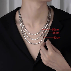 Men silver titanium steel necklace in 50cm, 55cm, and 60cm lengths shown on a model