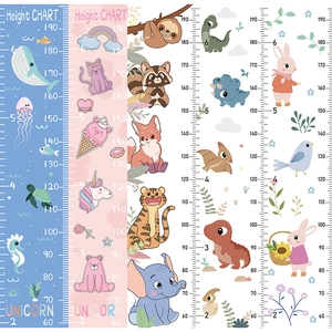 Cartoon kids height wall chart featuring unicorn, forest animal and dinosaur patterns