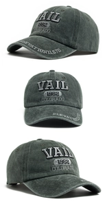 Detailed views of vintage washed cotton baseball cap with VAIL and Colorado embroidery