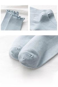 Detail view of light blue cotton socks showing reinforced toe and ruffled cuffs