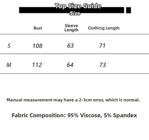 Detailed size chart for loose fit long sleeve T-shirt with fabric composition and measurements