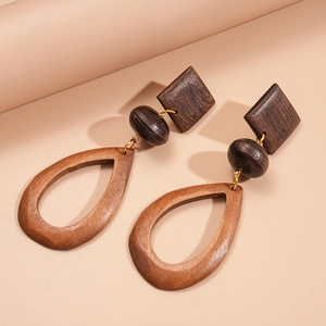 Retro geometric wooden drop earrings with square and hollow teardrop elements