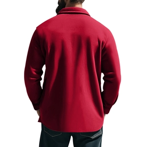 Rear view of men's red thick flannel jacket featuring a turn-down collar and slim fit