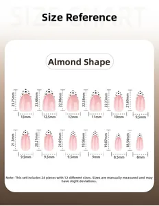 Size reference chart for almond-shaped press-on nails with black polka dot design
