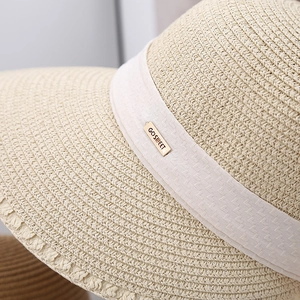 Women's summer straw hat with wide brim, ribbon bow and Go Sweet gold metal tag