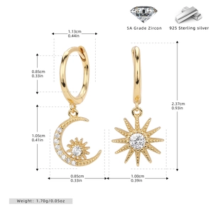 Detailed view of S925 sterling silver sun and moon earrings with cubic zirconia stones