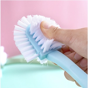 Handheld 5-sided multipurpose cleaning brush with blue handle and dense white bristles