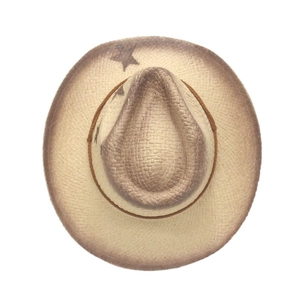 Western style beige woven straw cowboy hat with distressed brown trim and star pattern