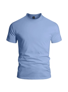Detailed view of light blue crew neck T-shirt fabric texture and interior neck label