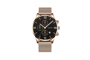 Detail of rose gold chronograph watch with Roman numerals and Milanese mesh band