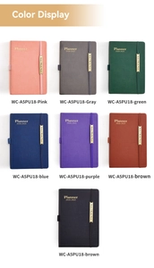 Matrix display of A5 size PU leather planner notebooks in seven varied colors