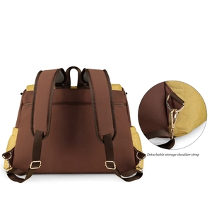 Detail of the detachable shoulder strap on the quilted brown and yellow mommy bag