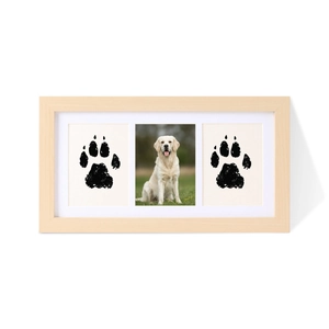 Three-window wood frame showing pet paw prints and a golden retriever portrait