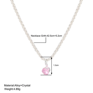 Sparkling pink heart crystal necklace in silver alloy, 42.5cm chain with 5.2cm extension