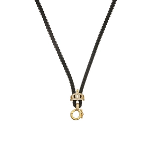 Macro detail of black braided necklace rope with gold plated crown pendant and lobster clasp