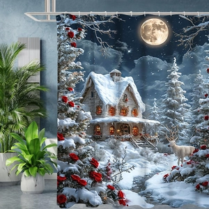 Détail du rideau de douche de Noël avec cabane d'hiver, cerf blanc et roses enneigées