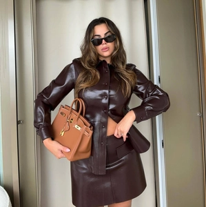 Damen PU Leder Jacke Und Minirock Glänzend Lack Langarm Knopfleiste Revers Streetwear Y2K Retro Outfits