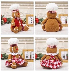 Close-up of Christmas gingerbread plush texture and white lace apron embroidery