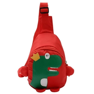 Cute red nylon kids crossbody bag with a green cartoon dinosaur and adjustable strap