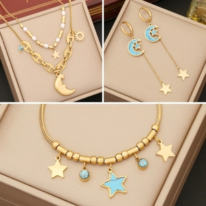 Celestial Star Moon Double Layer Necklace Stainless Steel Faux Artificial Pearl Turquoise Pendant Jewelry For Women