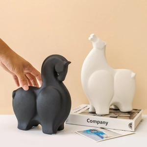 Abstract ceramic horse statues in black and white matte finish for modern home decor