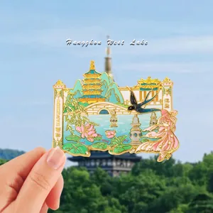 Hangzhou West Lake souvenir metal fridge magnet with Leifeng Pagoda and floral enamel details