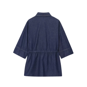 Women's dark blue denim set featuring a tie-waist shirt and wide-leg trousers