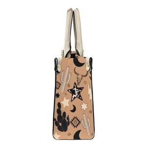 Side view of khaki crossbody bag with western cactus and skull patterns in PU leather