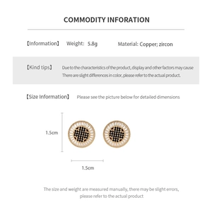 Detailed spec card for 18k gold plated round earrings with clear cubic zirconia stones