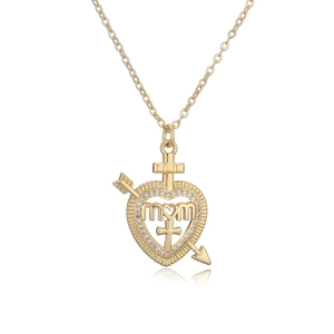 Macro shot of gold-plated MOM heart pendant necklace with zircon inlay and arrow detail