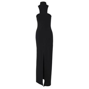 Detail of a slim fit black high neck dress with a stylish back slit design